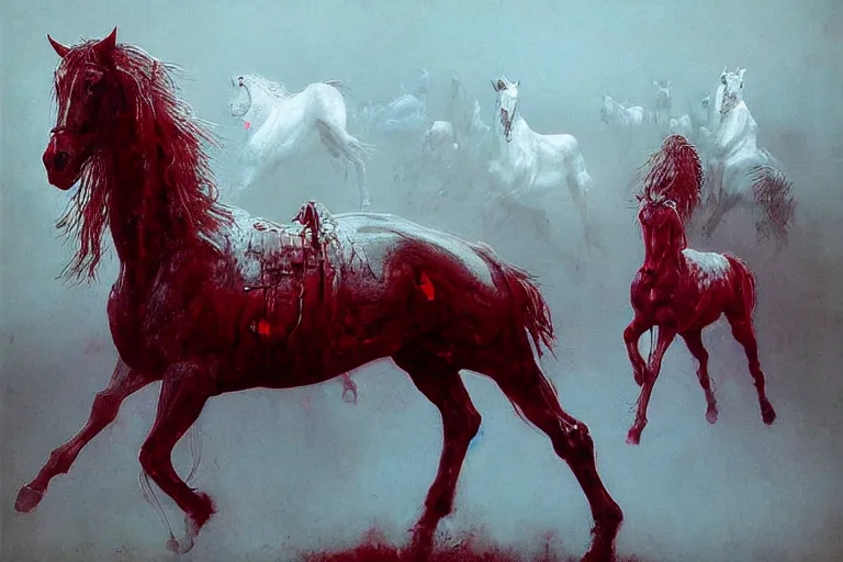 Image similar to a white cyberpunk horses with human heads, in the style of beksinski, intricate and epic composition, red by caravaggio, insanely quality, highly detailed, masterpiece, red light, artstation, 4 k