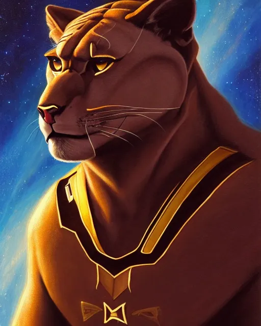 Prompt: painting of anthromorphic male panther in starfleet uniform, star trek, zootopia, fursona, furaffinity, 4 k, deviantart, furry art, very expressive detailed face, gaston bussiere, craig mullins, jc leyendecker, gustav klimt, artgerm, greg rutkowski, alphonse mucha