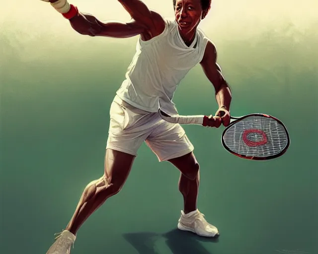 Prompt: mindblowing, arthur ashe playing tennis, deep focus, beautiful, highly detailed, digital painting, artstation, concept art, matte, sharp, illustration, hearthstone, art by artgerm and greg rutkowski and alphonse mucha