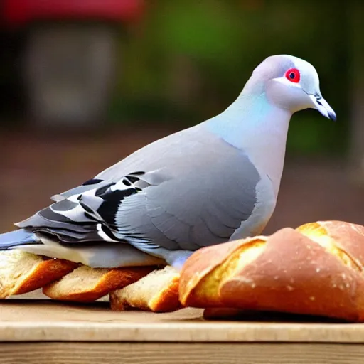 Prompt: very very very fat pigeon eating bread, fat bird, obese