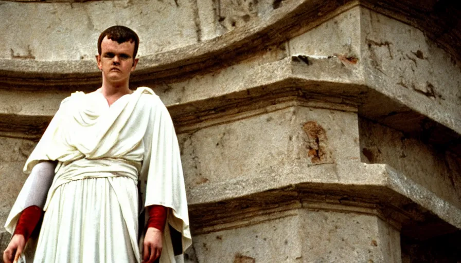 Image similar to 1 9 6 0 s movie still close - up of caligula in a white toga stabbed to death bleeding heavy blood on ancient amphitheater's stairs, cinestill 8 0 0 t 3 5 mm, high quality, heavy grain, high detail, dramatic light, anamorphic, blood