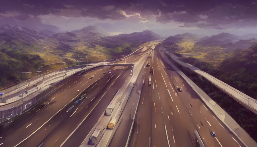 Image similar to A highly detailed matte oil painting of a highway by Mokoto Shinkai, hyperrealistic, cinematic angle, breathtaking, beautiful composition, by Artgerm, by beeple, by Studio Ghibli, volumetric lighting, octane render, 4K resolution, trending on artstation