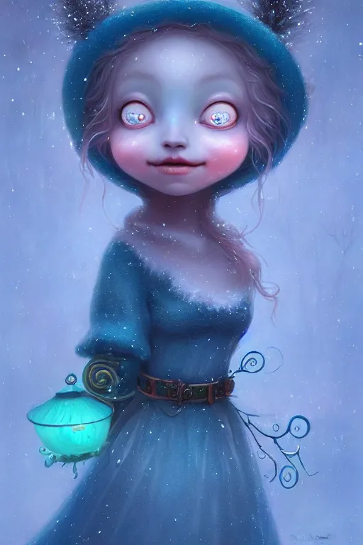 Prompt: a surreal Bioluminescent, very very very cute Winter Maiden in a happy world by Daniel Merriam, Trending on Artstation, oil on Canvas by Elena Zhurikhina and Goro Fujita and Charlie Bowater, octane render, 4k, 8k, HD