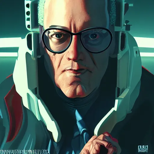 Image similar to cyberpunk benjamin franklin as the leader of a futuristic communist society, cybernetics, sharp lines, digital, artstation, colored in