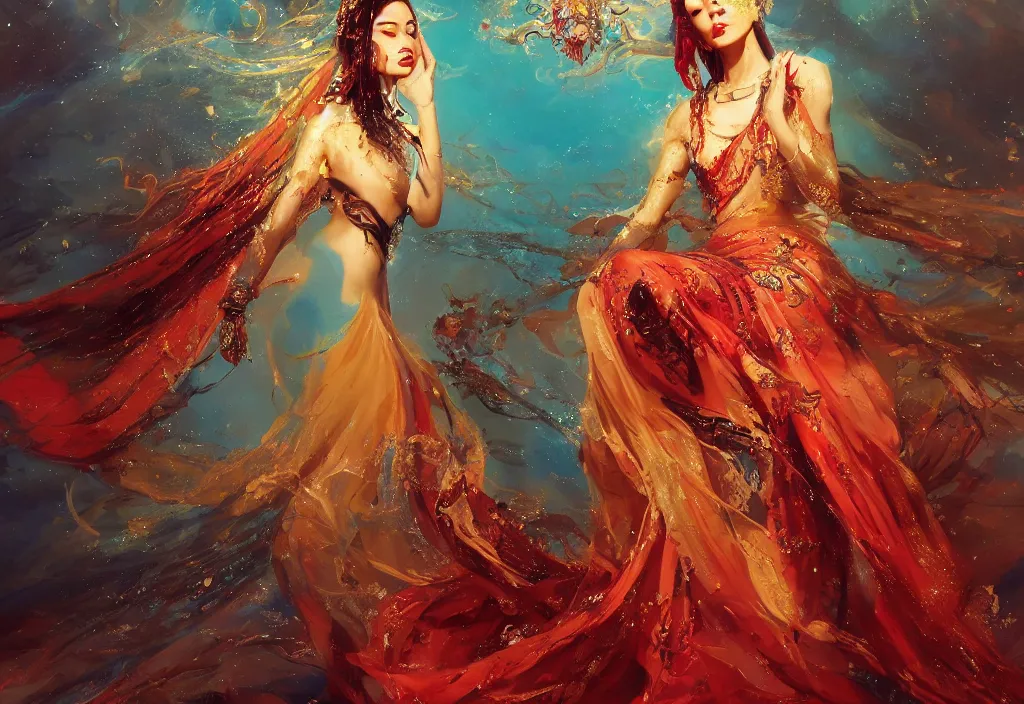 Image similar to full body portrait of a duo of 1 9 years old girl figures, oriental tattoos, jeweled ornament over forehead, jewelry, subject wearing a high fashion mystical gown, flowing, beautiful, dramatic, cinematic lighting, ultramarine, indian yellow, fire red, few vivid turquoise highlights, by greg rutkowski and jeremy mann, artstation, pixiv, oil on canvas