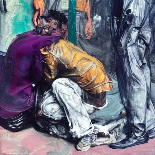 Image similar to high quality high detail painting of two men in agony in the city streets of london by lucian freud and jenny saville and francis bacon and norman rockwell and malcom liepke and nicola samori, hd, turquoise and purple and orange and pink, dark atmosphere