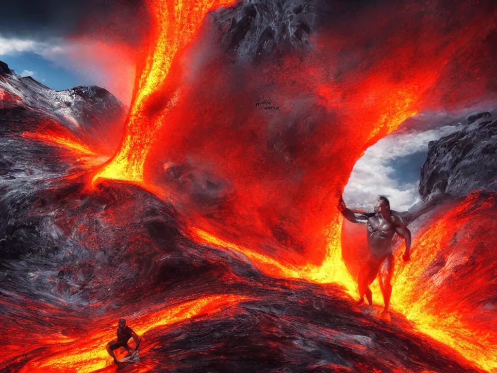 Prompt: portrait of a arnold schwarzenegger surfing inside erupting volcano, lava splashes, stunning scene, 8 k, extremely detailed digital painting, depth, bright colors, trending on artstation