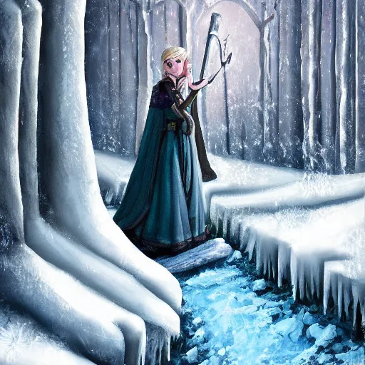 Image similar to painting of frozen medieval peasant ice statue, dark fantasy, fairytale