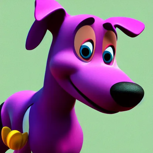 Image similar to an 3d render of a purple dog character, in the style of disney, pixar, mixed media collage, highly detailed, 8k resolution