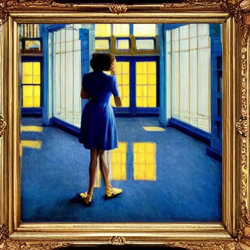 Prompt: a girl in a blue and gold haunted library, film still by edward hopper, by gottfried helnwein, by klimt, art noveau, highly detailed, strong lights, liminal, eerie, bright pastel colors,