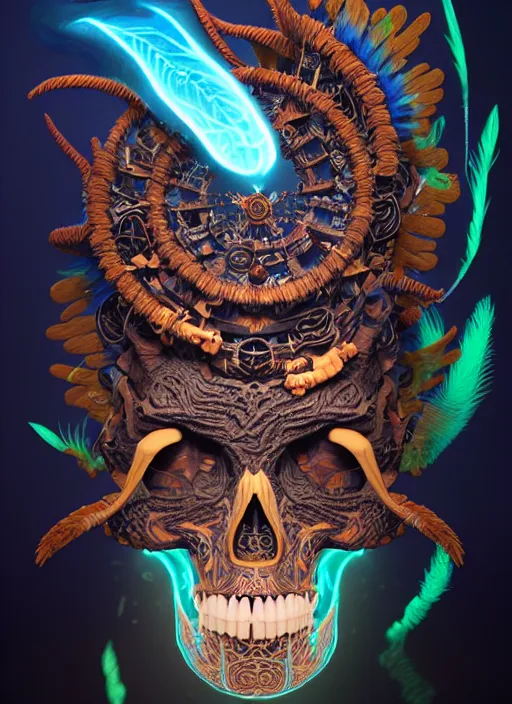 Image similar to 3 d shaman with tattoos profile portrait, sigma 5 0 0 mm f / 5. beautiful intricate highly detailed quetzalcoatl skull and feathers. bioluminescent, plasma, lava, ice, water, wind, creature, thunderstorm! artwork by tooth wu and wlop and beeple and greg rutkowski, 8 k trending on artstation,