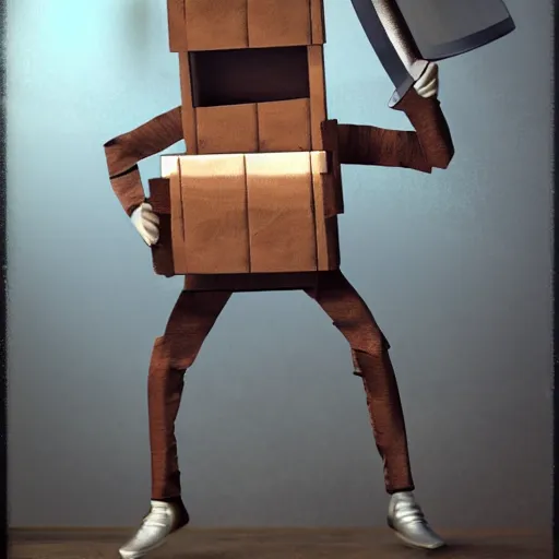 Prompt: hyperrealistic, cardboard boxman with cardboard armor, wielding a cardboard sword inside a kitchen, cabinets, stove