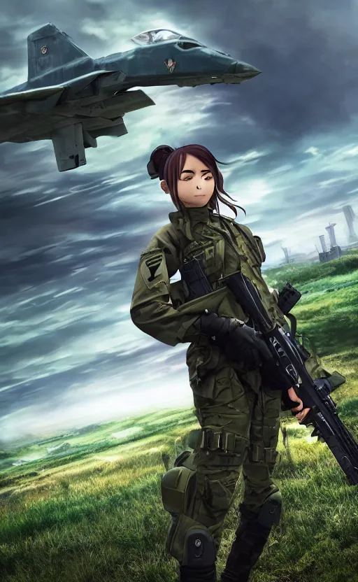 Prompt: girl, trading card front, future soldier clothing, future combat gear, realistic anatomy, concept art, professional, by ufotable anime studio, green screen, volumetric lights, stunning, military camp in the background, metal hard surfaces, sonic boom