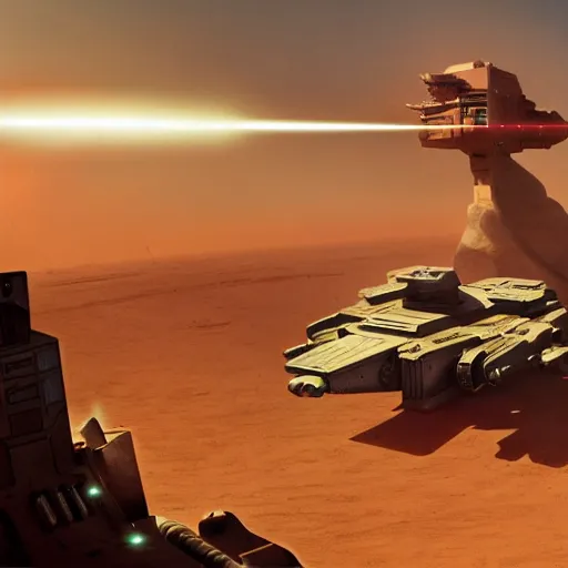 Prompt: Laser Turret shooting up into the air at a Ship, Desert Planet, War, Star Wars, Warhammer 40k