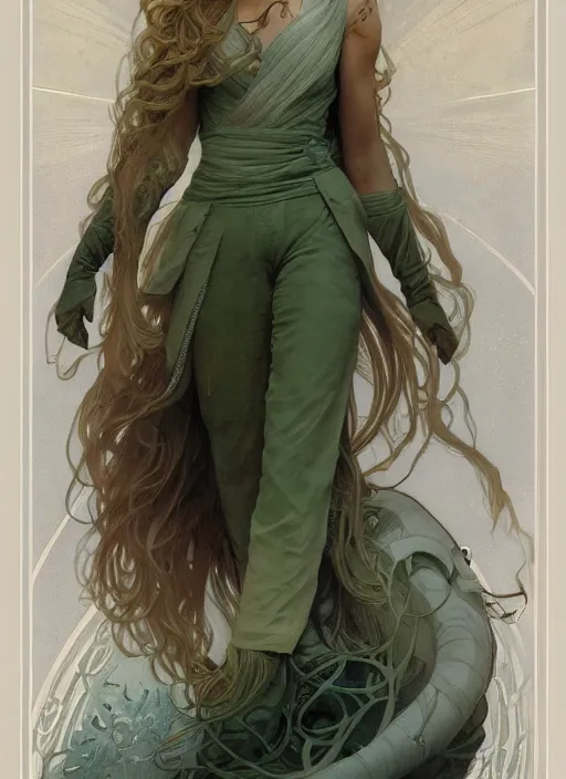 Image similar to a young april with a mischievous face and extremely long blonde wavy hair dressed in a green pale mechanic suit, she is a jedi, intricate detailed face, artgerm, greg rutkowski, alphonse mucha