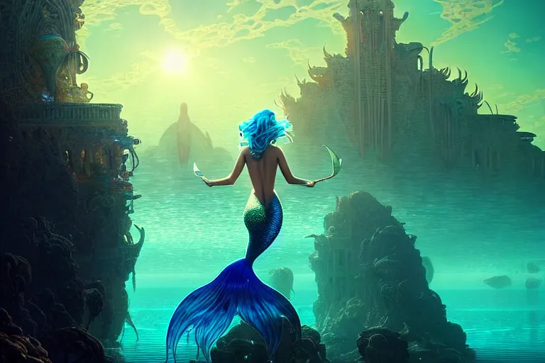 Prompt: a beautiful mermaid looking at the sunken city of Atlantis under water, ray of sunlight, stunning grand architecture, art by Beeple, 8k octane beautifully detailed render, post-processing, extremely hyperdetailed, intricate, epic composition, grim yet sparkling atmosphere, cinematic lighting + masterpiece, trending on artstation, very detailed, vibrant colors, Art Nouveau, god rays