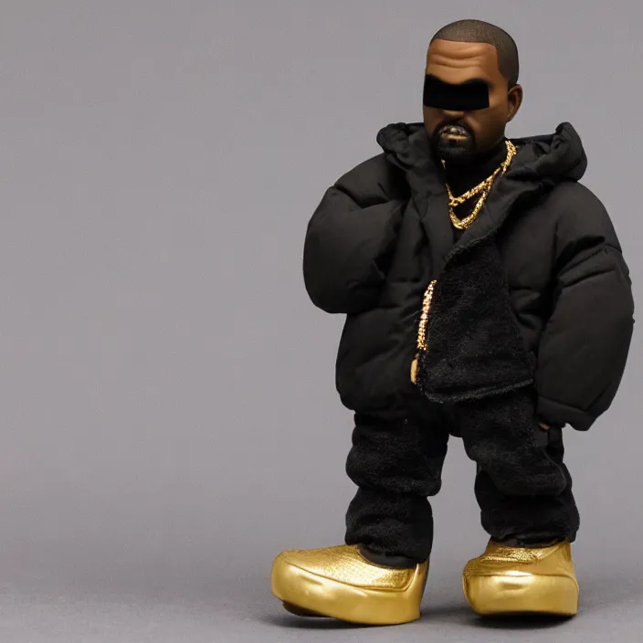 Prompt: a goodsmile figure of kanye west using a black face - covering mask made of cloth with small holes, a blue undersized open puffer jacket, a black shirt underneath, small gold chain, and black rubber boots, figurine, detailed product photo