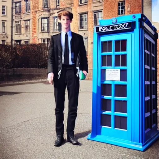 Image similar to a photo of Matt Smith in the shape of a police box