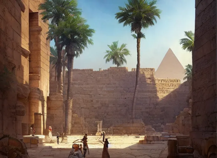 Image similar to A wide open courtyard in an epic, colorful city in ancient Egypt, anime, pyramids, palm trees, fountain, a fantasy digital painting by Greg Rutkowski and James Gurney, trending on Artstation, highly detailed