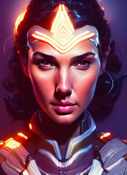 Image similar to portrait of apex legends, gal gadot, intricate, elegant, glowing lights, highly detailed, digital painting, artstation, glamor pose, concept art, smooth, sharp focus, illustration, art by artgerm and greg rutkowski, artey freytag