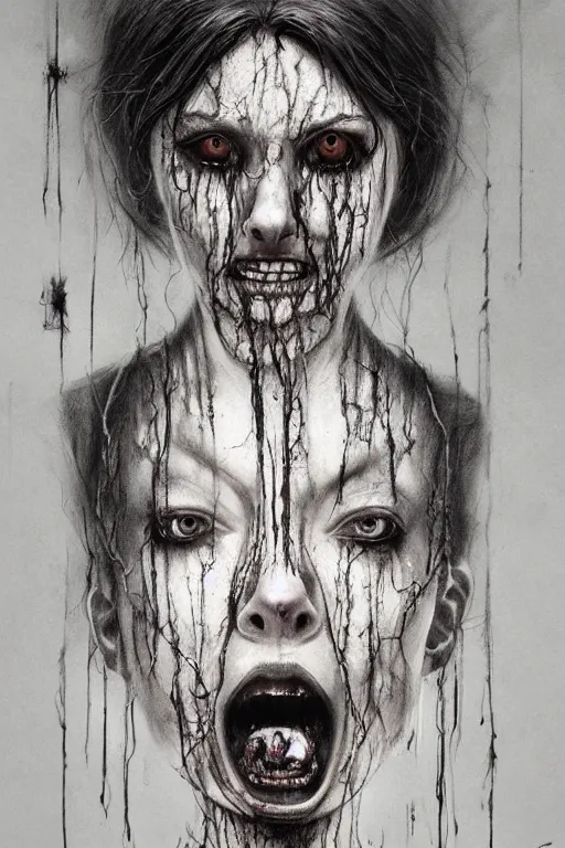 Image similar to charcoal cartoon grunge portrait of a creepy horror nurse girl . intricate abstract. intricate artwork. nightmare fuel. terrifying. by zdzisław Beksiński, wlop, dan mumford , trending on artstation, greg rutkowski very coherent symmetrical artwork. cinematic, hyper realism, high detail, octane render, 8k