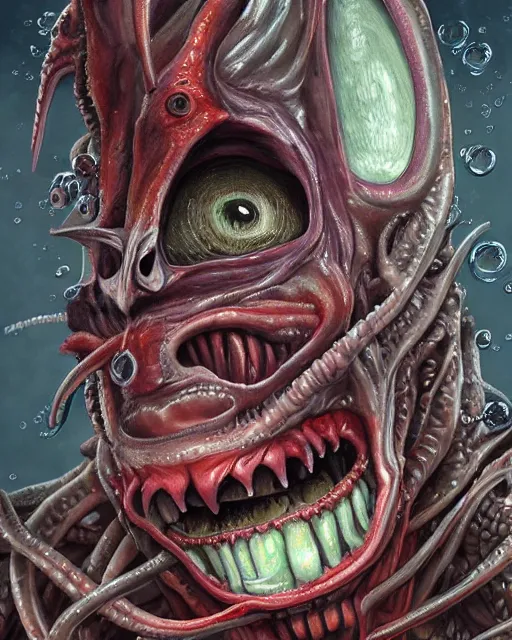 Image similar to Haunting horrifying detailed painting of a tall skinny extraterrestrial squid monster made of gelatinous fluid, floating teeth and bloodshot eyeballs, hyper detailed, trending on Artstation