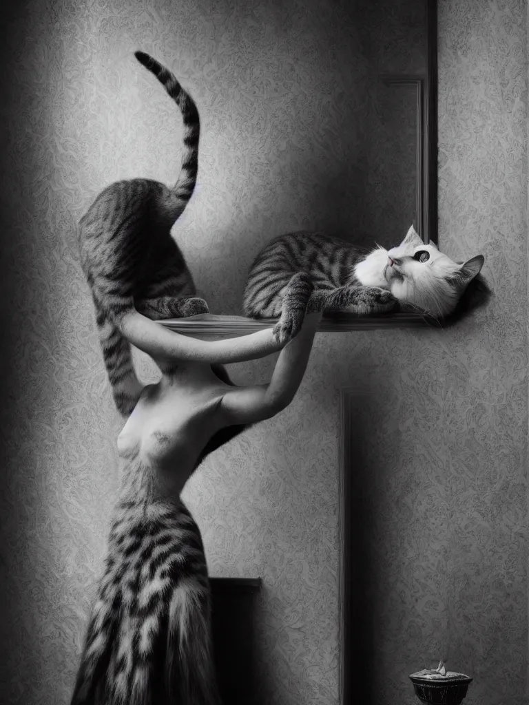 Prompt: old monochrom photography of a beautiful cat automato in a victorian decor, man ray, alfred ghisoland, gregory crewdson, miss aniela, erwin olaf, 4 k,