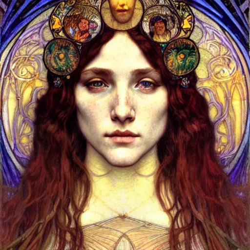 Image similar to detailed realistic beautiful young medieval queen face portrait by jean delville, alphonse mucha, vincent van gogh, and marco mazzoni, art nouveau, symbolist, visionary, gothic, pre - raphaelite