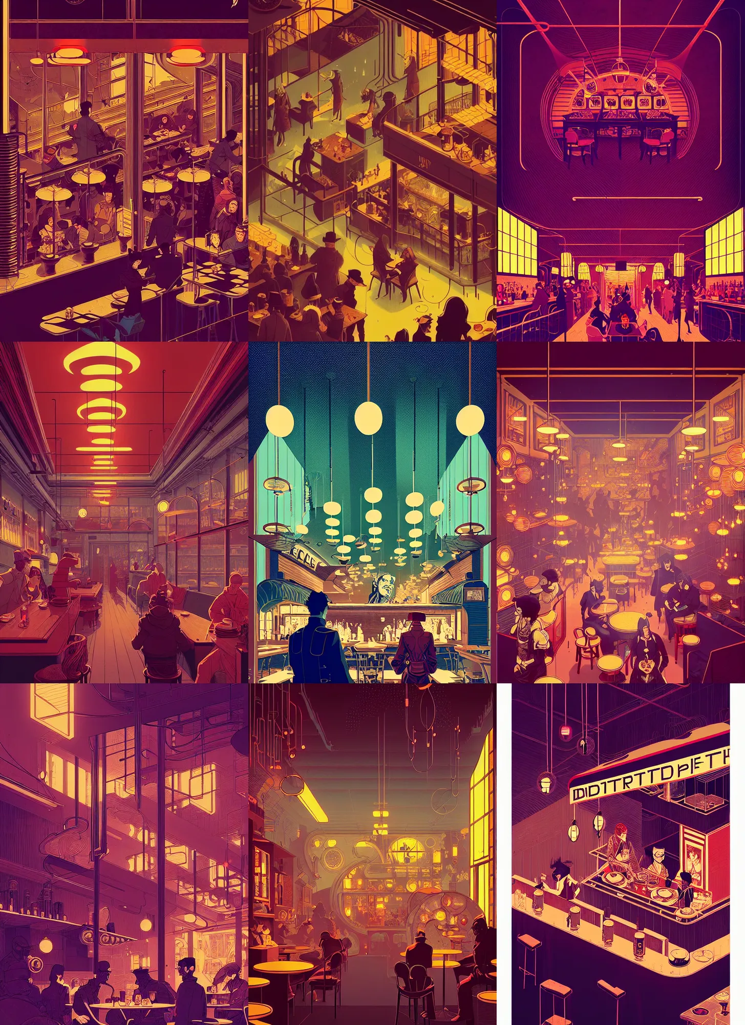 Prompt: ( ( dither ) ), editorial illustration portrait interior of a busy steampunk cafe, modern art deco, colorful, ( ( mads berg ) ), christopher balaskas, victo ngai, rich grainy texture, detailed, dynamic composition, wide angle, moebius, matte print, volumetric, anime visual