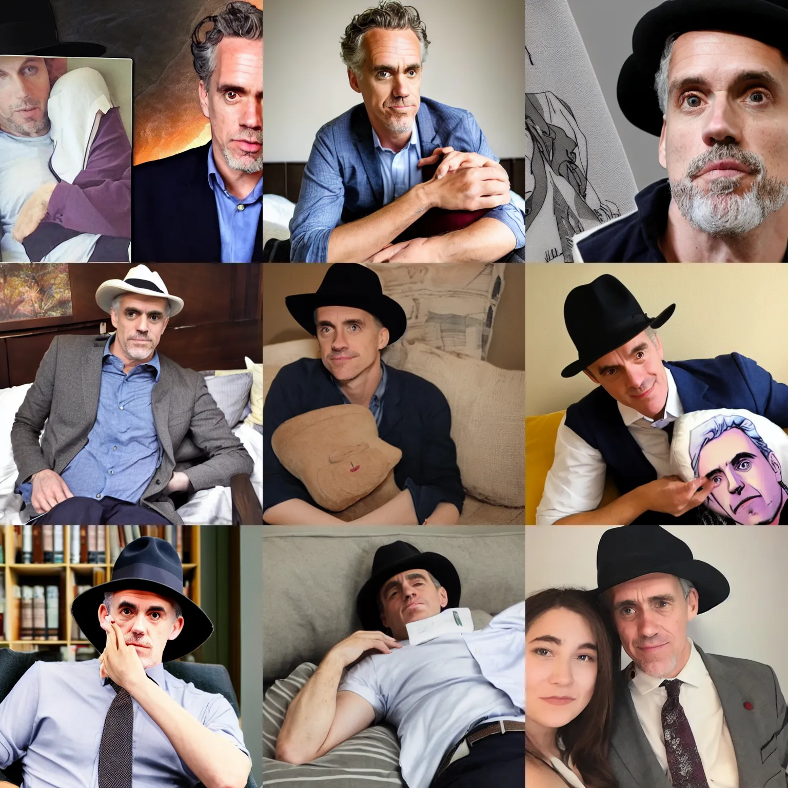 Prompt: jordan peterson wearing a fedora and cuddling an anime bodypillow