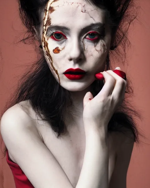 Image similar to portrait of a woman, detailed close - up, skin scars, high sharpness, zeiss lens, retro photoshoot, smoke black, red hair, snakes, red lipstick, palaroid effect, edward buba, annie leibovitz, paolo roversi, david lazar, jimmy nelsson, eiko hosoe, artistic, hyperrealistic, beautiful face, octane rendering