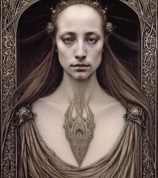 Image similar to detailed realistic beautiful young medieval queen face portrait by jean delville, gustave dore and marco mazzoni, art nouveau, symbolist, visionary, gothic, pre - raphaelite. horizontal symmetry by zdzisław beksinski, iris van herpen, raymond swanland and alphonse mucha. highly detailed, hyper - real, beautiful, fractal baroque