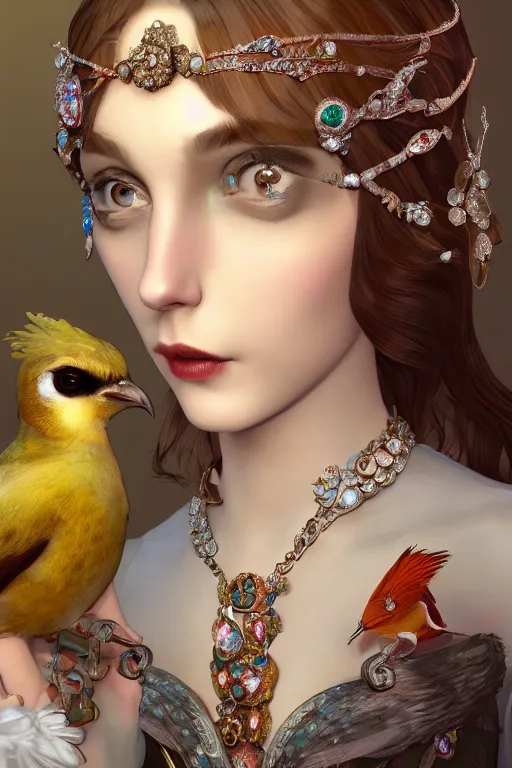 Image similar to face closeup, 3 d render of english princess holding birds, ornaments, jewels, diamonds, mucha vibe, dieselpunk, solarpunk, artstation