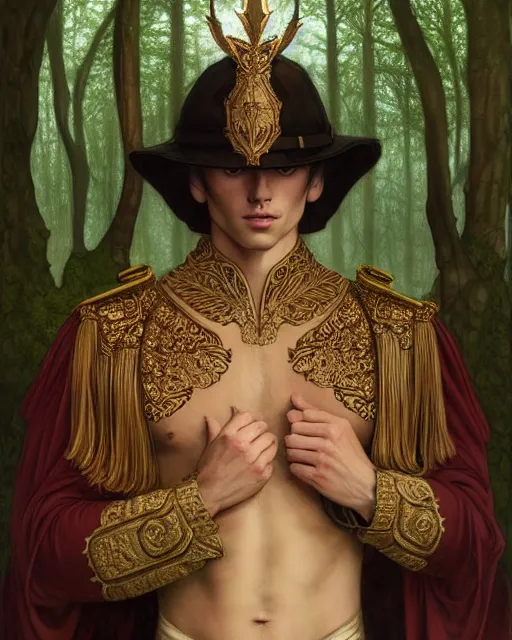 Image similar to symmetry portrait of welsh brunette prince in mans tunic, glam, fae, short hair, forest background, intricate, elegant, highly detailed, digital painting, artstation, concept art, smooth, sharp focus, illustration, art by artgerm and greg rutkowski and fra angelico and alphons mucha