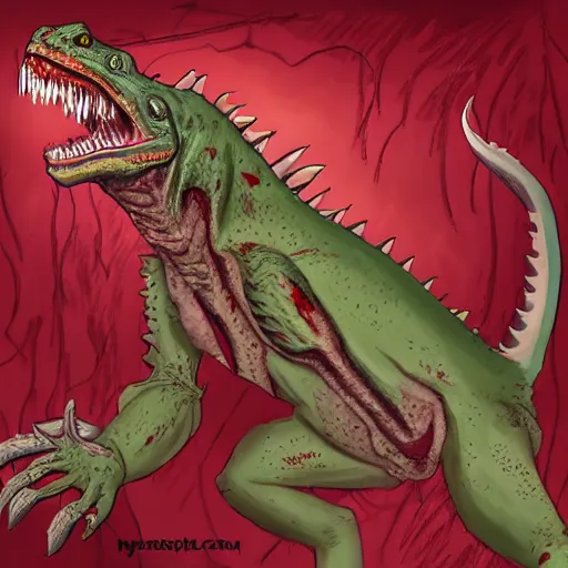 Image similar to big butcher anthropomorphic male lizardfolk posing scarily, scary angry pose, covered in blood, fresh kill, cleaver, in a cave, earie setting, lovecraft, eldritch, horror, hyperdetailed, furaffinity, anthro art