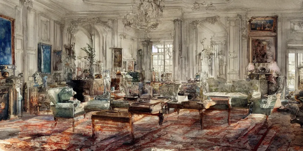 Prompt: a hiper intricate watercolor of a beatiful living room with sculptures, extremely detailed, sharp focus, elegant, wide view, smooth, digital illustration, colorfull, by william turner art, by greg rutowski