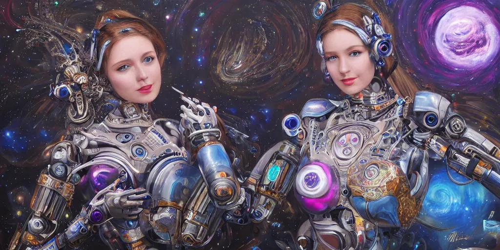 Image similar to a female robotic ai, she is painting cosmic art onto a canvas, insanely detailed and intricate, hypermaximalist, elegant, ornate, hyper realistic, super detailed, Art Deco, cinematic, trending on artstation, magic the gathering artwork, centered