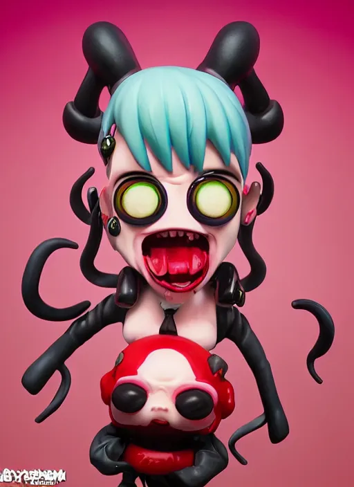 Prompt: a dramatic hyperrealistic pop surrealist oil panting of an enraged grotesque kawaii vocaloid figurine caricature screaming red in the face lunging with popping veins featured on doom eternal by aardman animation made of warp spasm