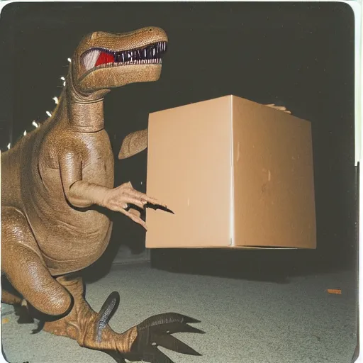 Image similar to polaroid photo of t - rex 🦖 stealing packages