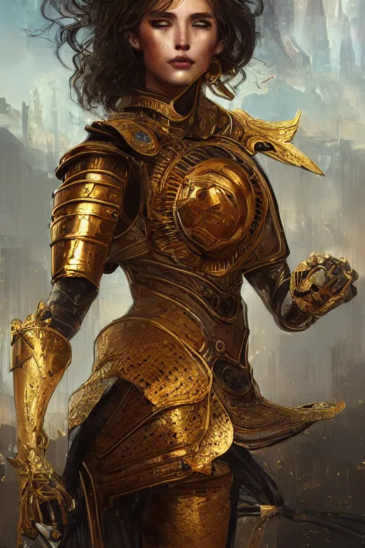 Image similar to portrait knights of Zodiac girl, golden and copper reflected armor, in ruined Agora of Athens, ssci-fi, fantasy, intricate, very very beautiful, elegant, highly detailed, digital painting, artstation, concept art, smooth, sharp focus, illustration, art by WLOP and tian zi and alphonse mucha