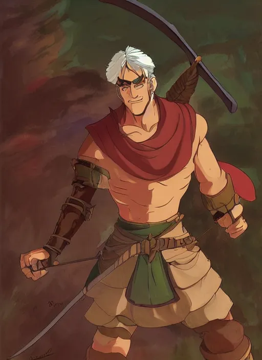 Image similar to official digital painting artwork of a male warrior character by don bluth, ross tran and studio ghibli.