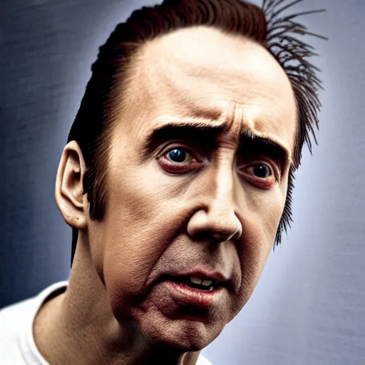Image similar to nic cage but he is emaciated and starving to death, movie still, hd digital photography
