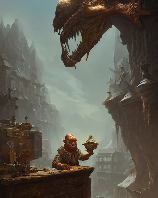 Image similar to A merchant selling treasuries, highly detailed face, fantasy art, goblin art, in the style of greg rutkowski, illustration, epic, fantasy, intricate, hyper detailed, artstation, concept art, smooth, sharp focus, ray tracing