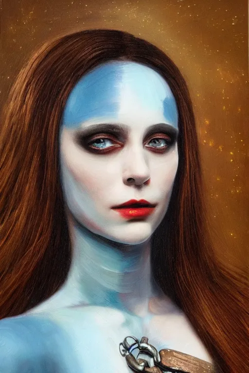 Image similar to hyperrealism oil painting, close - up portrait of european medieval brunette vampire fashion model, knight, steel gradient mixed with nebula sky, in style of baroque