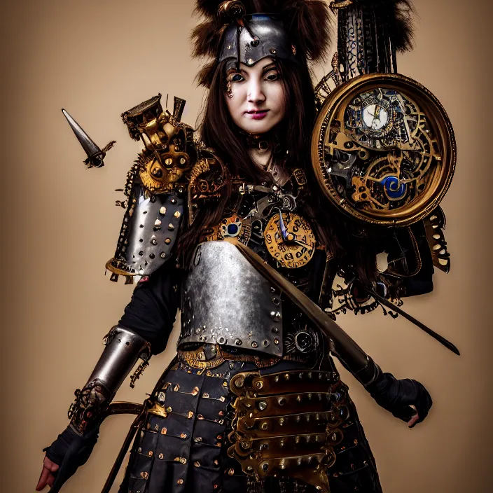 Image similar to full length photo of a real - life very beautiful clockpunk warrior, 8 k, hdr, smooth, sharp focus, high resolution, award - winning photo