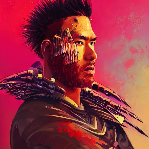 Prompt: portrait painting of a maori street samurai with spiky red hair, cyberpunk, glitchwave, sharp focus, award - winning, trending on artstation, masterpiece, art by josan gonzales and moebius