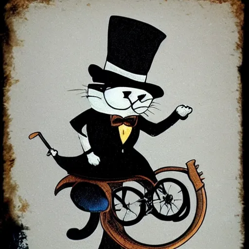 Prompt: Kitty with a tophat and monocle riding a unicycle