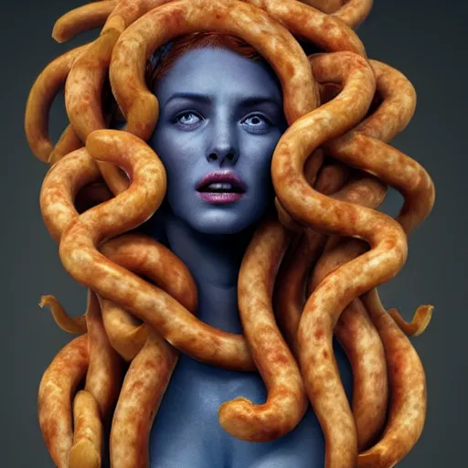 Image similar to medusa with hair made of sausages, award winning creature portrait photography, extremely detailed, artstation, 8 k, sensual lighting, incredible art, wlop, artgerm