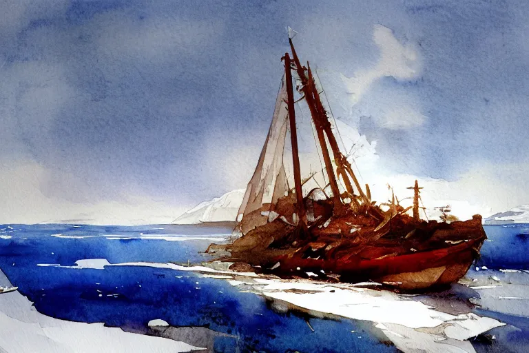 Prompt: small centered on watercolor paper, paint brush strokes, abstract watercolor painting of ancient viking shipwreck in frozen lake in snow, daylight, blue sky, cinematic light, national romanticism by hans dahl, by jesper ejsing, by anders zorn, by greg rutkowski, by greg manchess, by tyler edlin