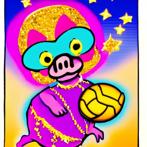 Image similar to lisa frank dashing pig wearing a simple gold throwing a football in the style of Andy J Pizza